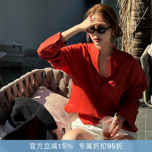 亚麻薄款立领拼色长袖打底衫
