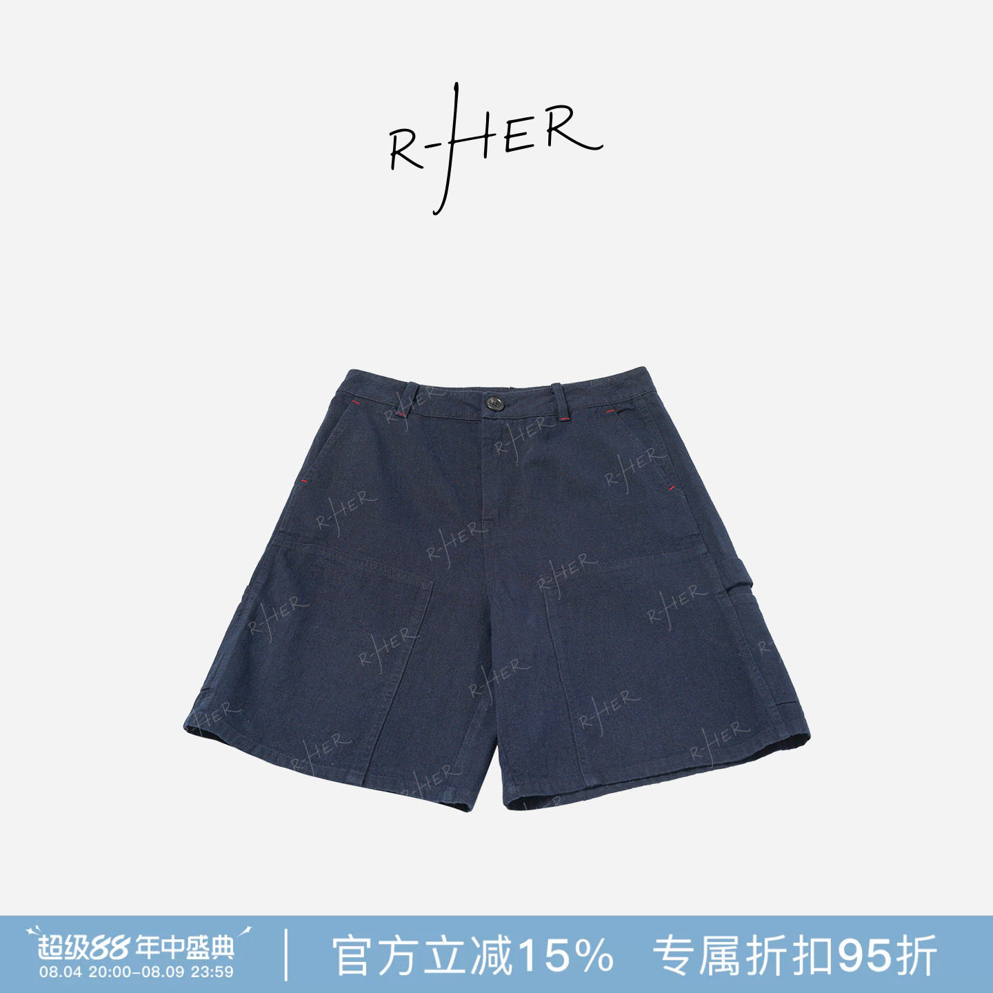 RHER STUDIO“美式工装短裤”棉麻夏季高腰显瘦宽松口袋短裤K6022