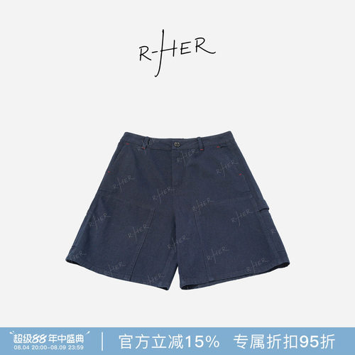RHER STUDIO“美式工装短裤”棉麻夏季高腰显瘦宽松口袋短裤K6022