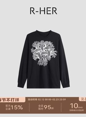 R-HER“涡旋艺术”黑白绳结印花休闲慵懒风时尚百搭上衣RP5NT5314