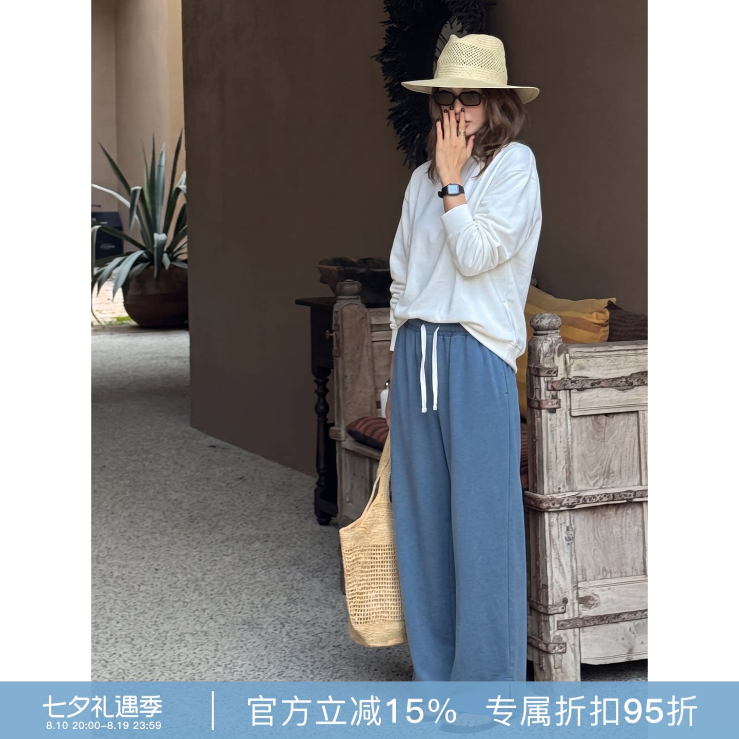 RHER STUDIO“抽绳开叉”100棉夏季轻盈不易皱直筒阔腿休闲裤KT30