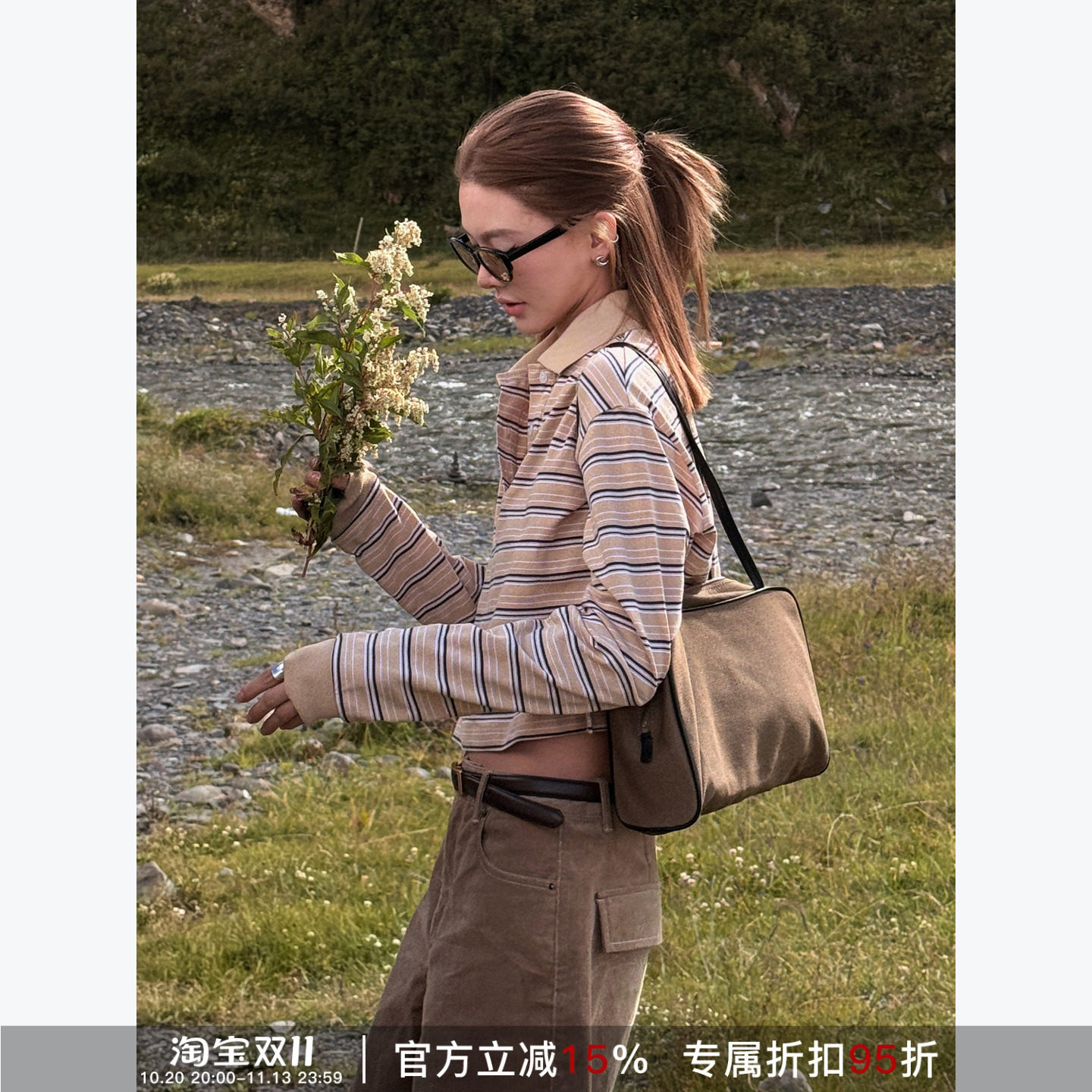 RHER STUDIO 早秋新款亲肤全棉美式条纹翻领显瘦百搭休闲长袖上衣