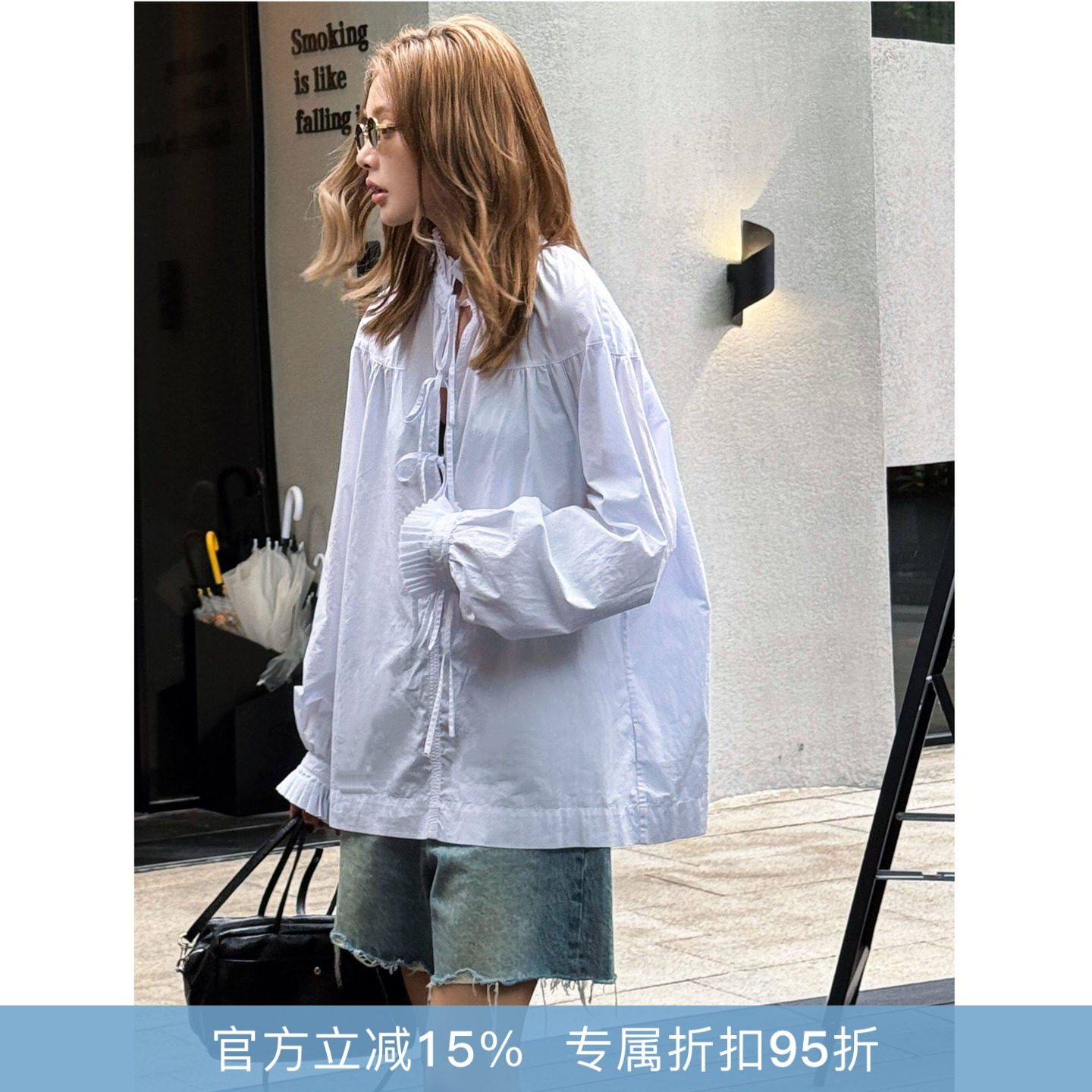 RHER STUDIO“100棉衬衫”春夏少女风褶皱木耳花边系带领衬衫C239