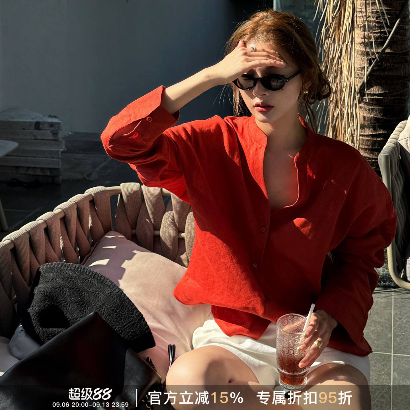 亚麻薄款立领拼色长袖打底衫