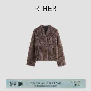 深棕色女短款 羊皮外套 小V立领复古皮毛一体外套RP50C580 HER