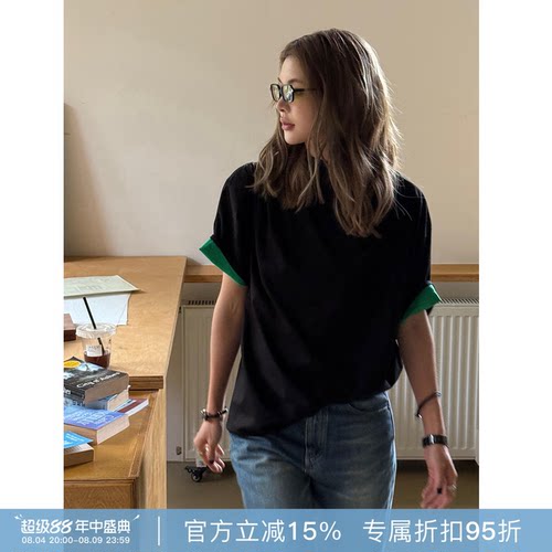RHER STUDIO“撞色两穿T”夏季新款美式复古宽松短袖T恤两面穿T19