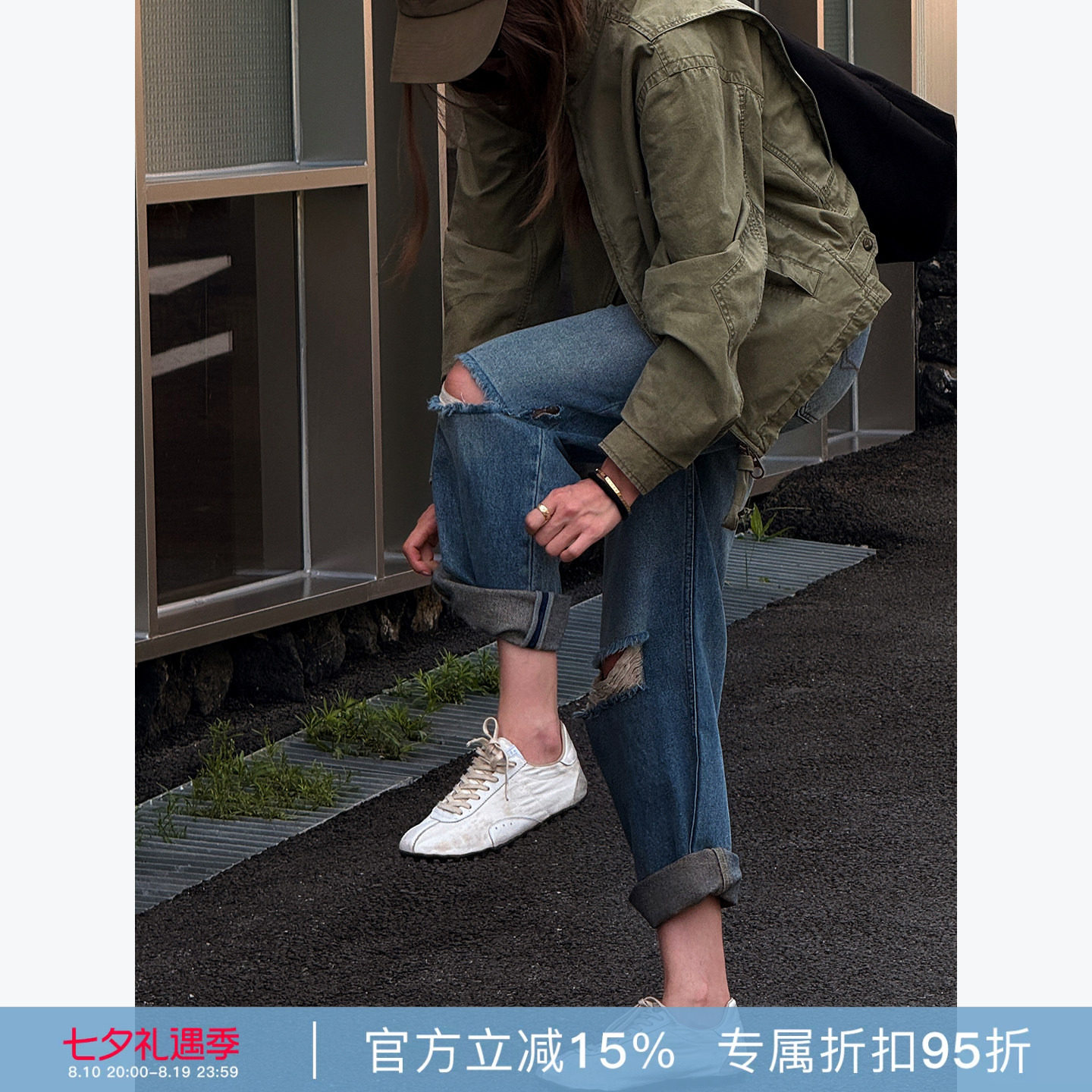 RHER STUDIO"膝畔碎痕"复古水洗做旧破洞直筒牛仔裤休闲长裤K1725