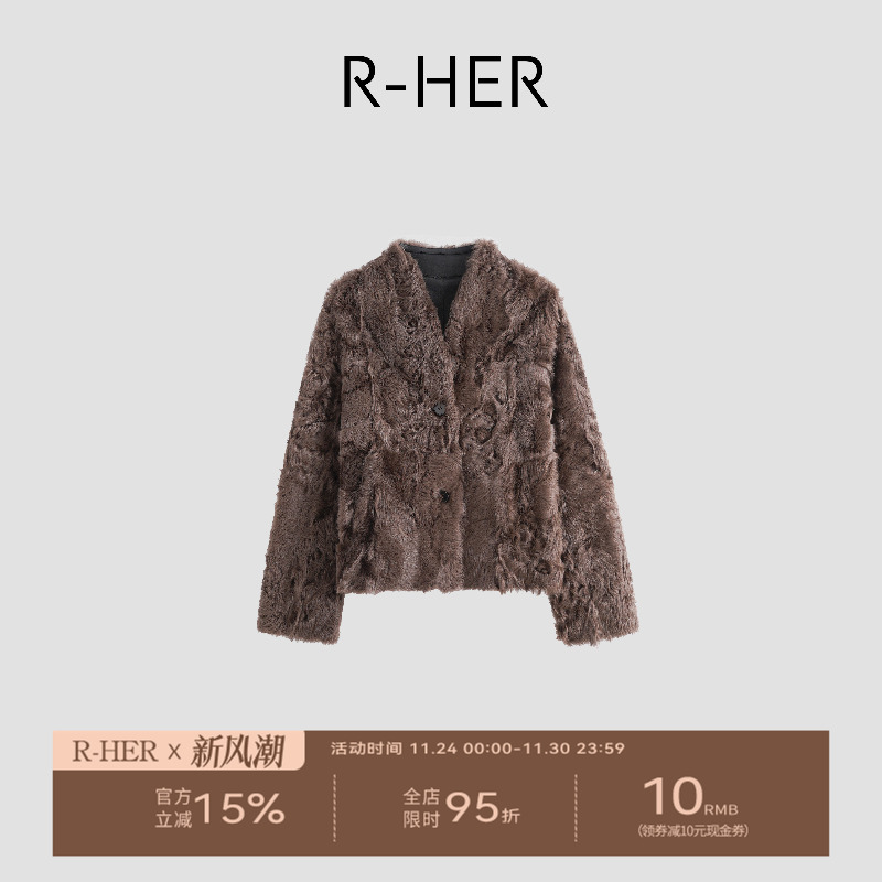 R-HER【羊皮外套】深棕色女短款小V立领复古皮毛一体外套RP50C580