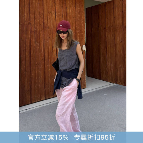 RHER STUDIO“樱粉亚麻”春夏简约百搭褶皱宽松垂感直筒裤女K0597