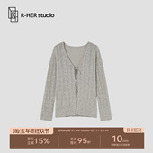 百搭长袖 春夏V领衬衫 镂空休闲宽松系带时尚 HER 小众韩系