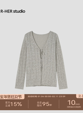 R-HER“小众韩系”春夏V领衬衫镂空休闲宽松系带时尚百搭长袖