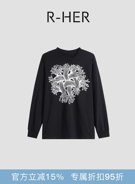 R-HER“涡旋艺术”黑白绳结印花休闲慵懒风时尚百搭上衣RP5NT5314