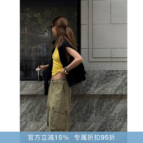 RHER STUDIO“口袋中裤”春夏简约多口袋宽松显瘦阔腿工装中裤K23