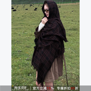 RHER STUDIO 复古文艺格子围巾百搭高级感女士保暖流苏披肩OGZ27