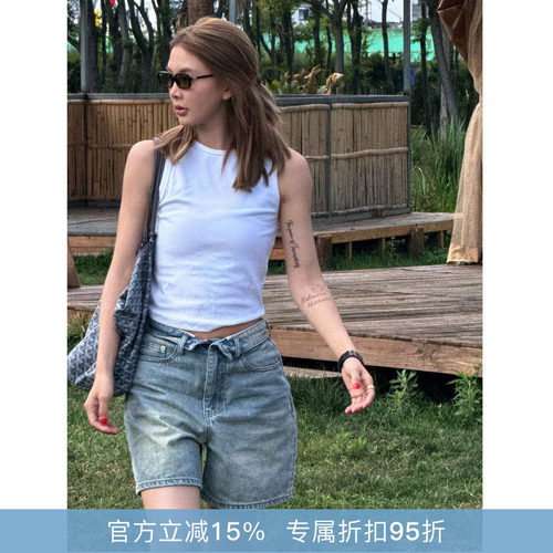 RHER STUDIO“做旧蓝短牛”夏季新款高腰显瘦百搭宽松牛仔短裤K72