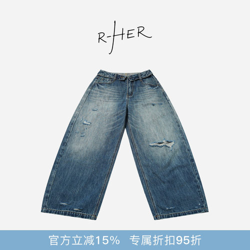 RHER STUDIO“纯棉破洞”夏季复古高腰显瘦百搭直筒阔腿牛仔裤KJL
