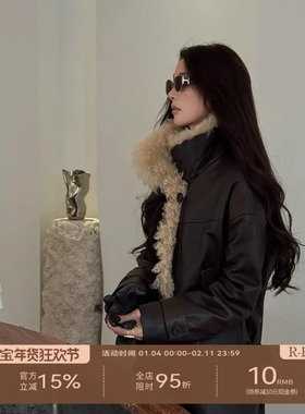 R-HER“岛山冬日”秋冬轻职风轻奢西装毛领羊皮毛上衣RP25DP5022