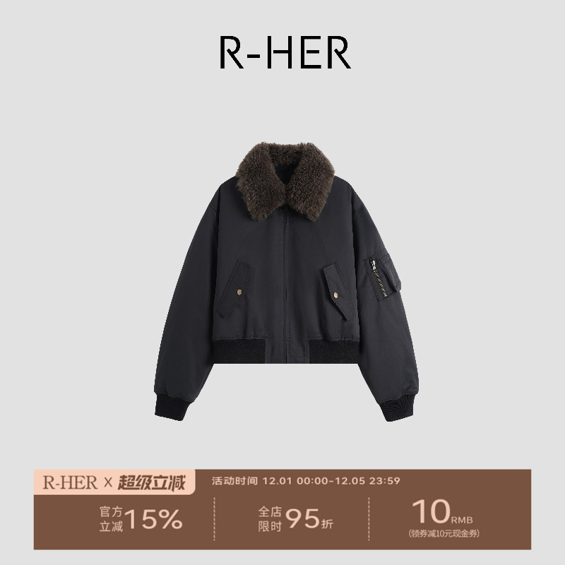 R-HER“老钱新贵”山羊绒翻领时尚短款加厚派克服RW5NC6679