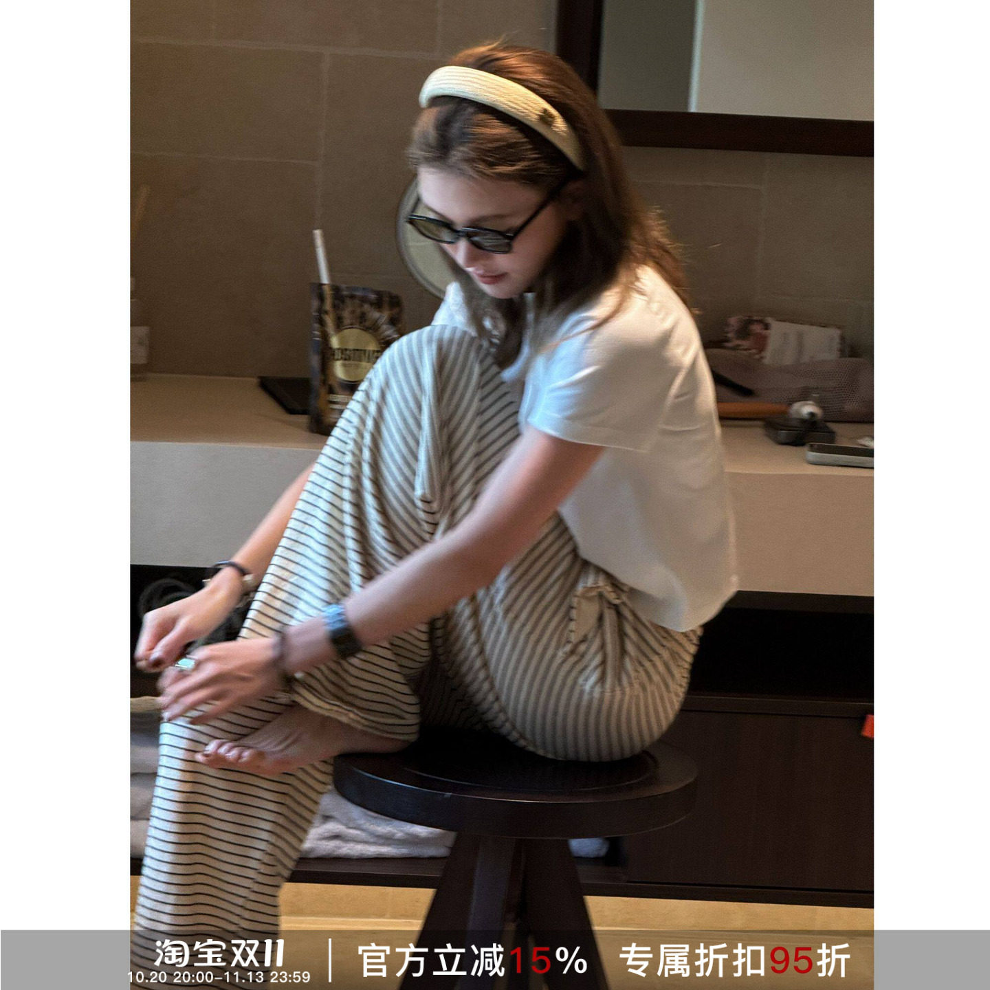 纯棉垂感显瘦条纹阔腿女裤春夏