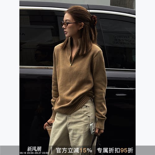 RHER STUDIO “慢叙秋日”100棉休闲百搭拉链麻花纹毛衣针织衫S09