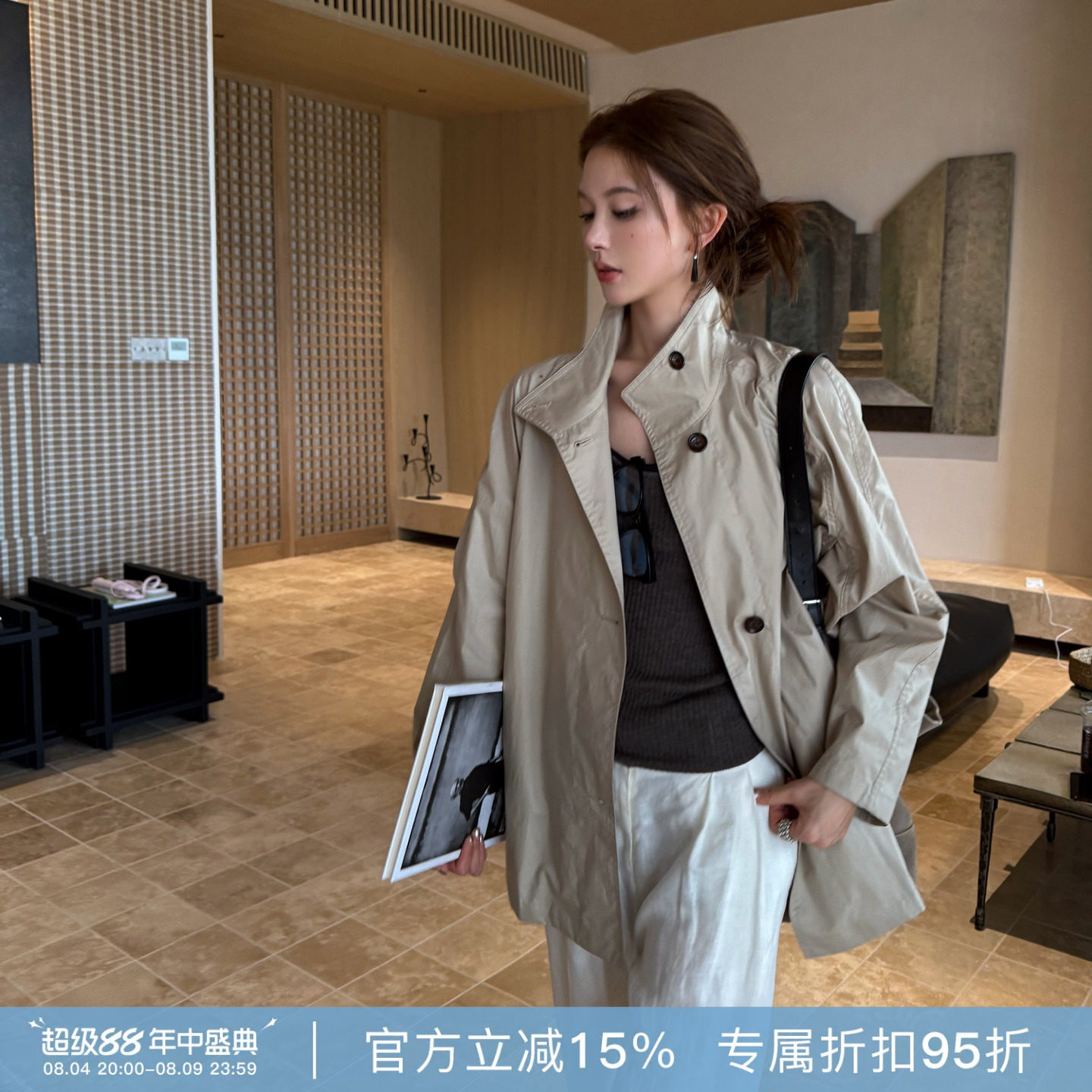 春秋卡其亲肤中长款宽松风衣女