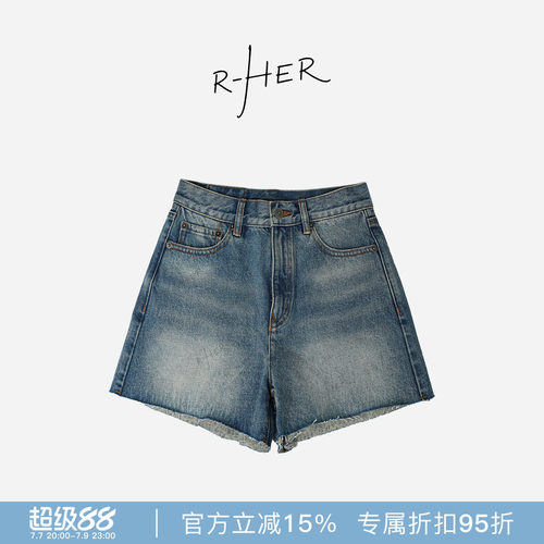 RHER STUDIO“100棉短裤”夏季百搭高腰显瘦阔腿毛边牛仔短裤K313
