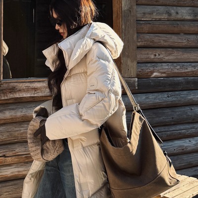 R-HER“松涧雾绒”95白鹅绒2025新款百搭连帽保暖长款菱格羽绒服