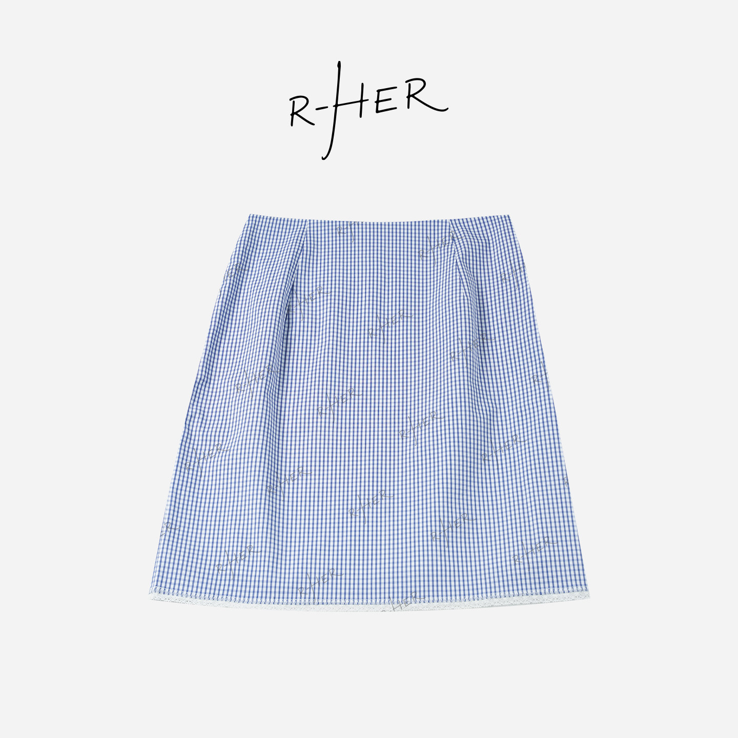 RHER STUDIO“蓝白格调”学院风蕾丝拼接蓝色格子半身包臀短裙QL1