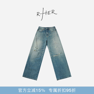 RHER STUDIO“破洞蓝牛”夏季复古高腰显瘦直筒阔腿牛仔裤K7019