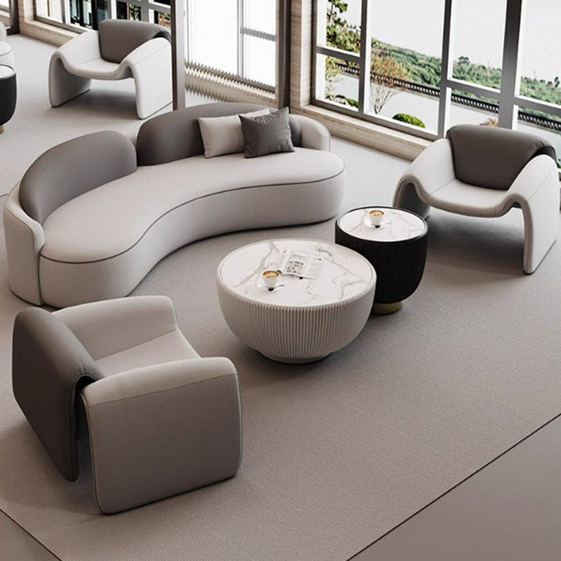 小户型简约猫抓皮沙发酒店大厅创意弧形接待会客沙发茶几组合办公