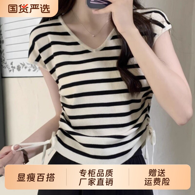 韩衣汐法式v领条纹冰丝短袖T恤图片