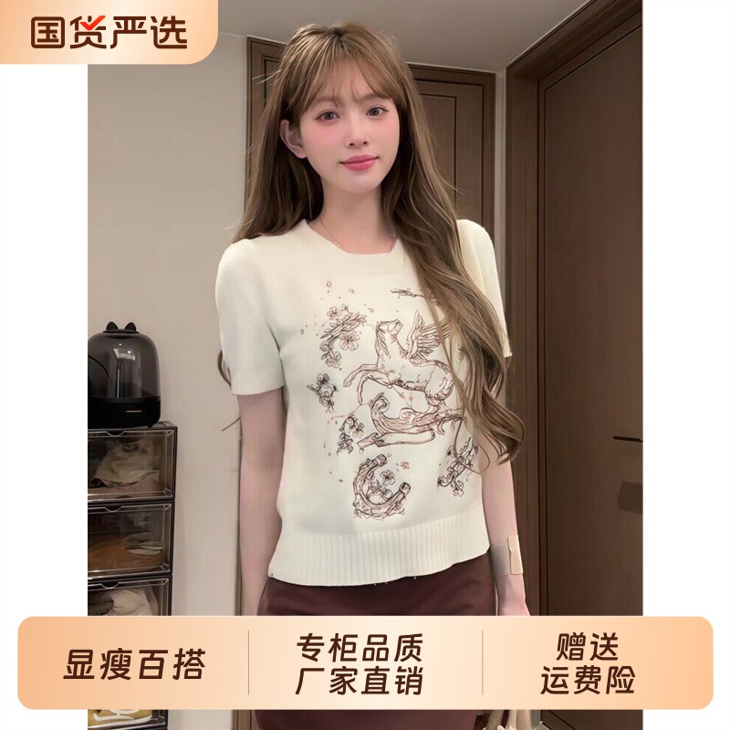 韩衣汐设计感圆领短袖T恤图片