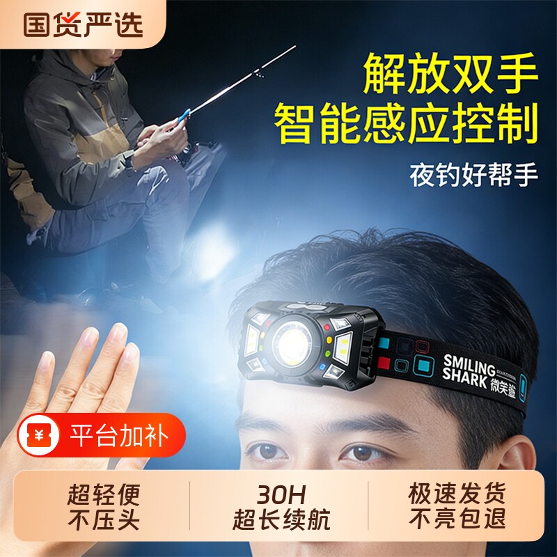 头灯钓鱼专用2026新款夜钓微笑鲨强光充电超亮头戴式超长续航感应