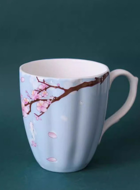 蓝色满花日用陶瓷大容量南瓜杯办公室下午茶骨质瓷马克杯