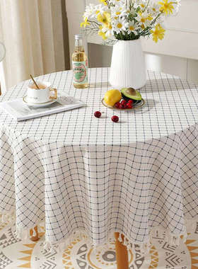 现代简约蓝色中小格流苏花边棉麻圆桌布茶几客厅咖啡厅装饰餐桌布