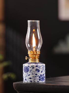 青花陶瓷酥油灯氛围灯茶桌摆件茶室装饰品长明灯家用露营复古灯盏