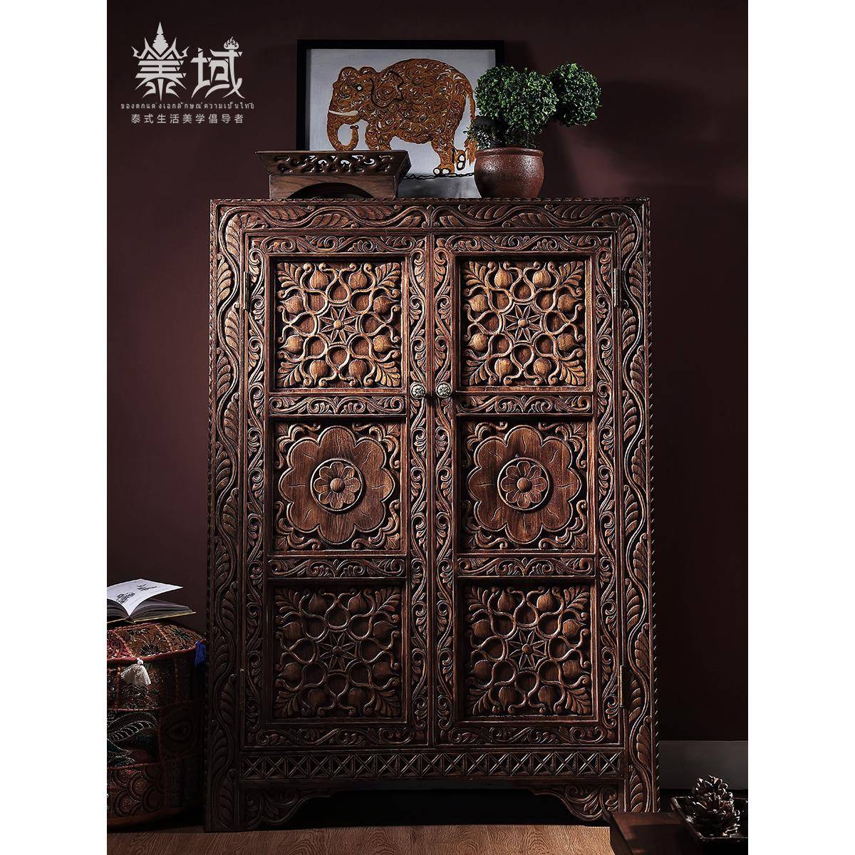 泰域 新中式实木覆古进门入户玄关柜子 东南亚客厅家具储物鞋柜