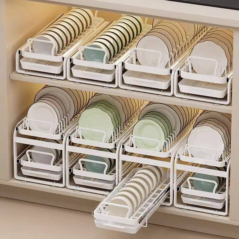 日本厨房抽拉式碗碟收纳架不锈钢橱柜拉篮抽屉式碗盘沥水置物架子