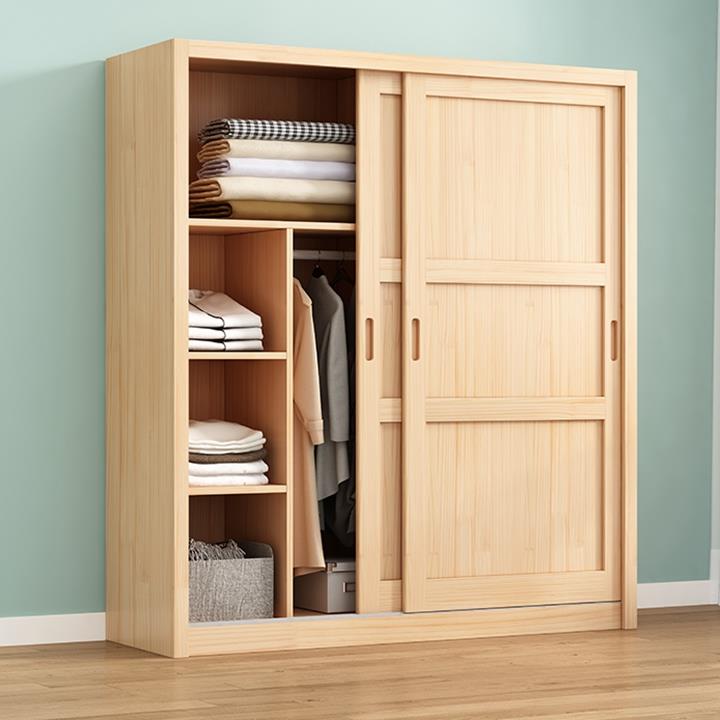 实木衣柜家用卧室松木移门儿童柜子原木推拉门简易小户型组装衣橱
