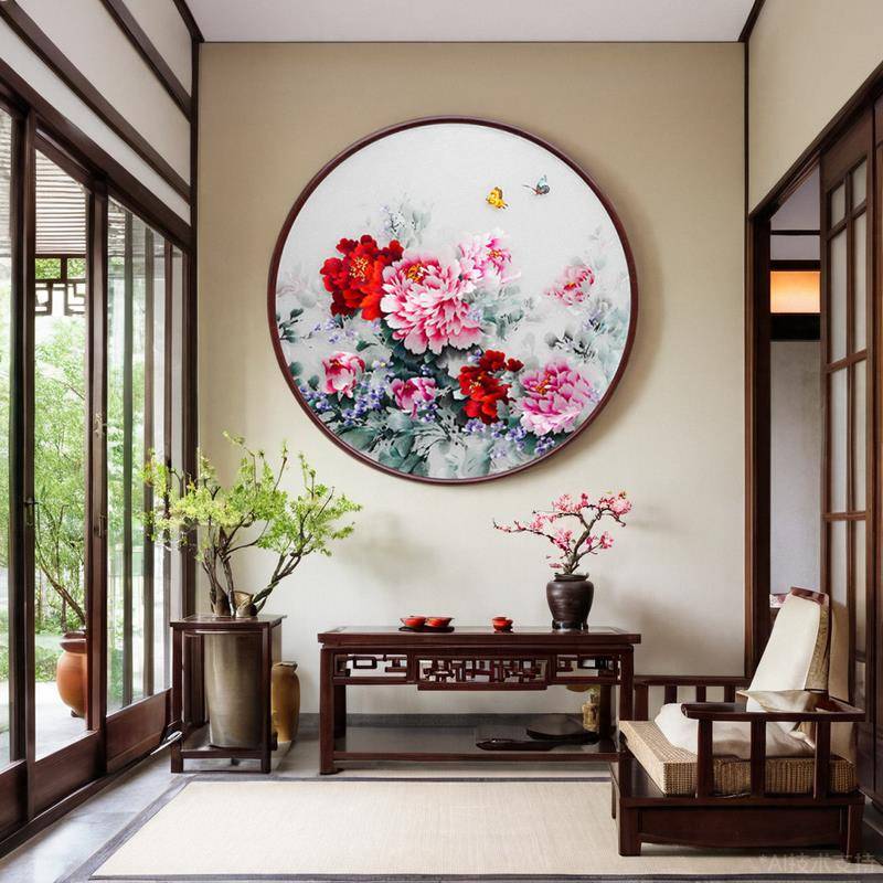 新中式风格圆形牡丹画国色天香纯手工苏绣刺绣玄关过道客厅装饰画图片