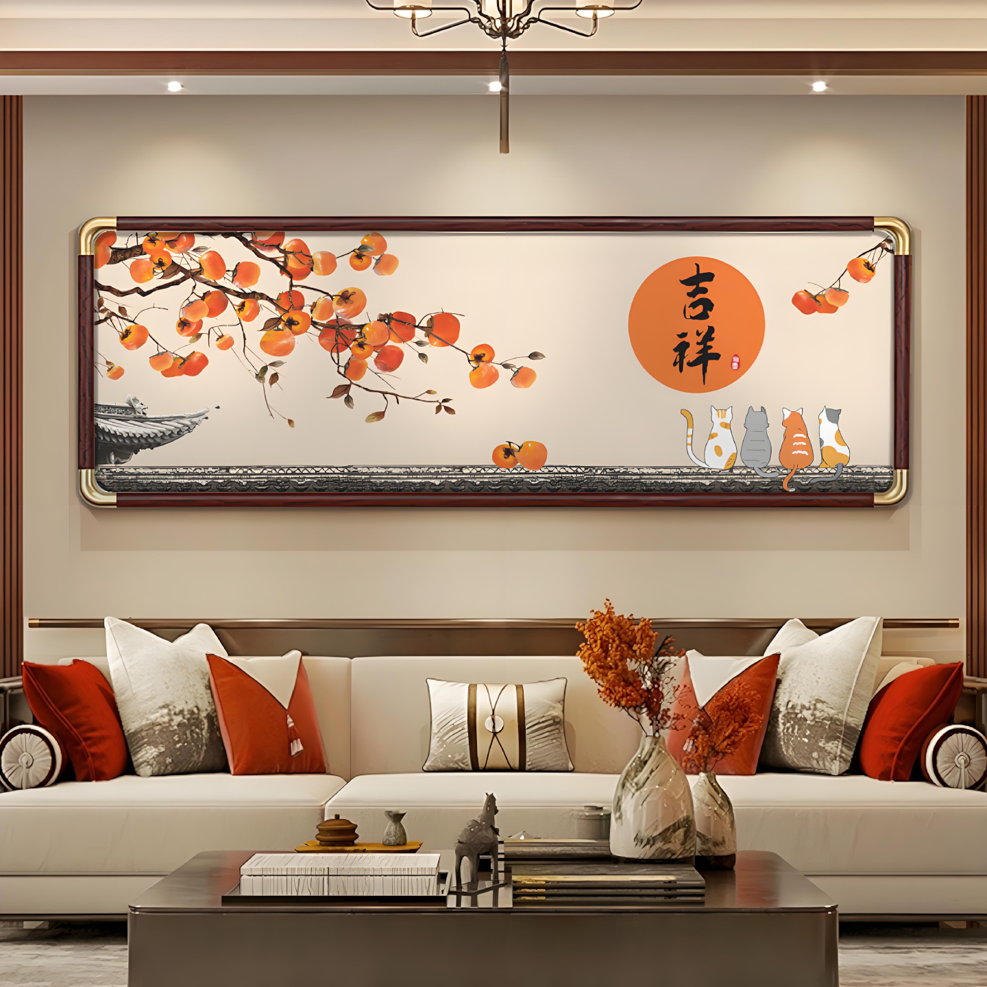 柿柿如意中式客厅装饰画餐厅书房简约背景墙挂画茶室九鱼聚财壁画图片