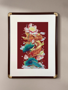 莲花锦鲤铜雕客厅装饰画铜版画茶室办公室挂画福字黄铜背景墙壁画