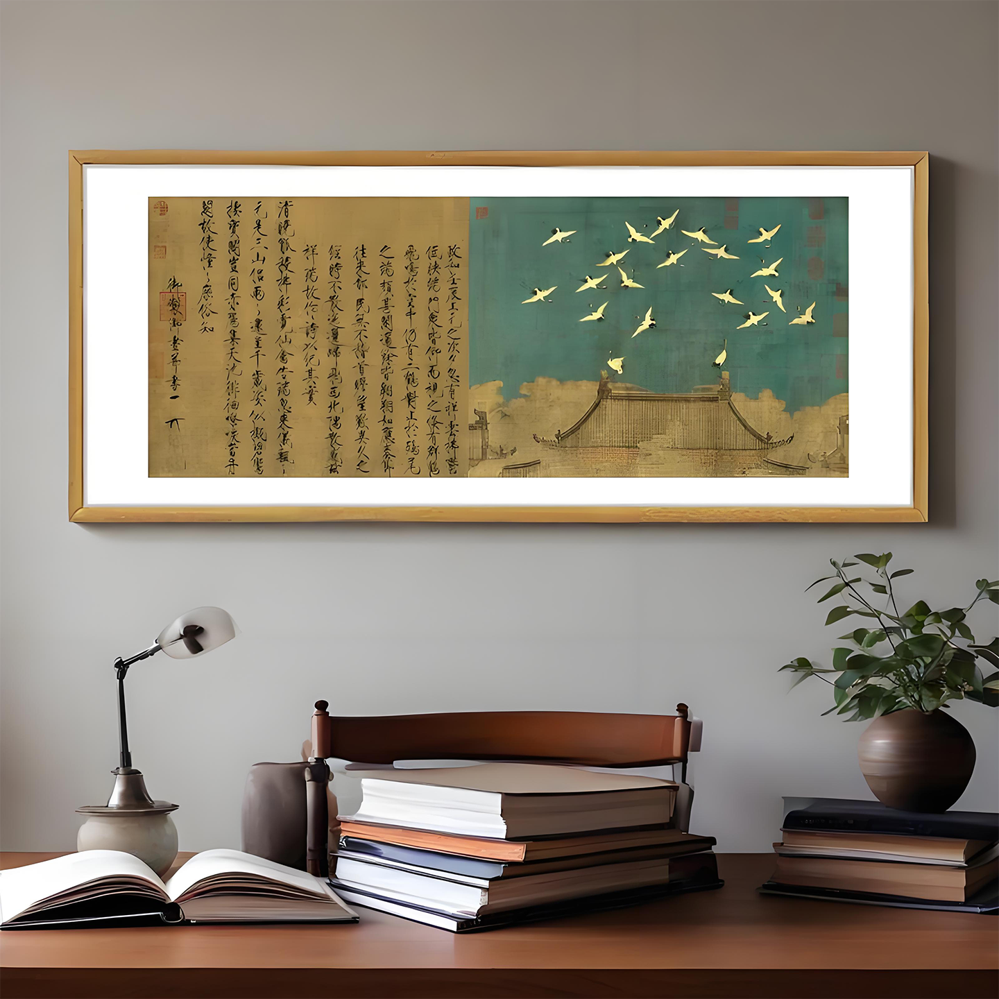 宋徽宗瑞鹤图横款实木装饰画挂画