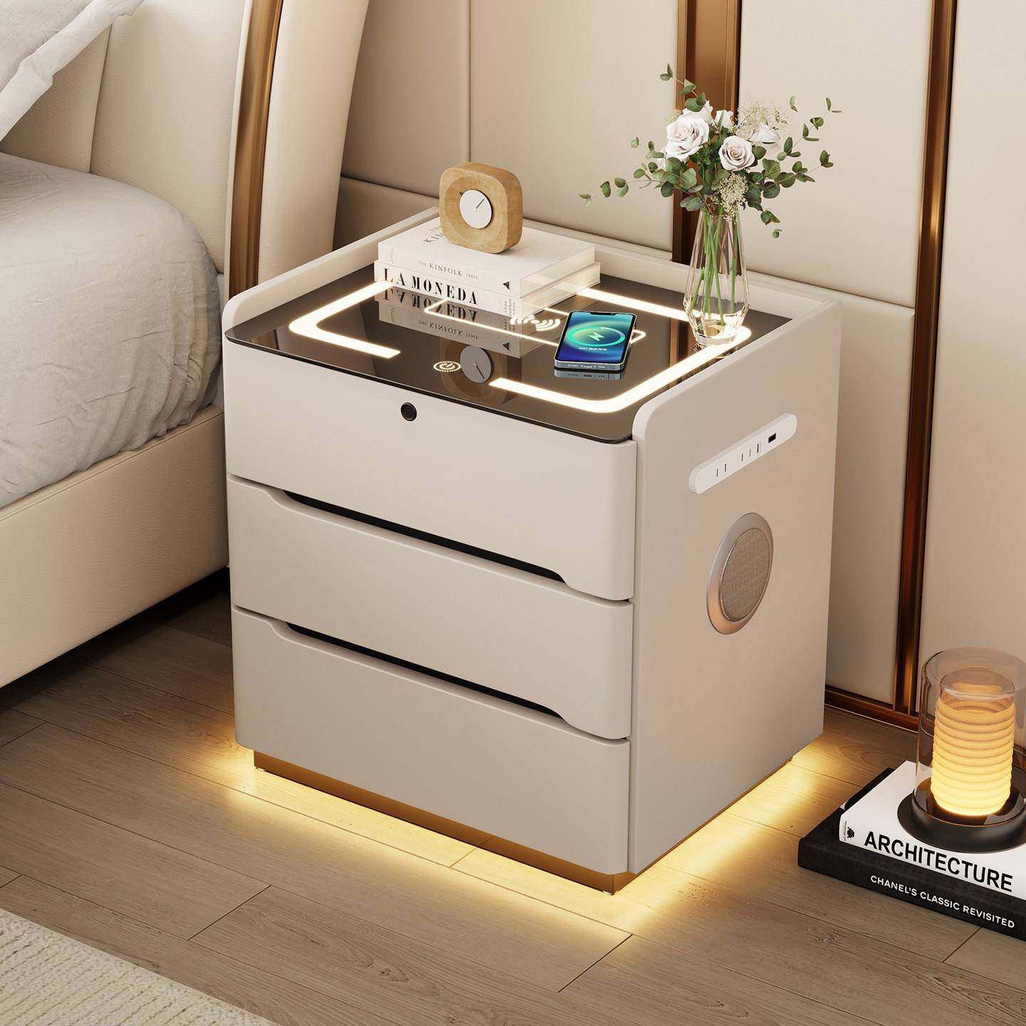 简约现代实木智能床头柜卧室多功能带灯指纹锁无线 线充家用蓝牙,住宅家具,床头柜,淘宝优惠券,粉丝福利购,淘宝优惠卷