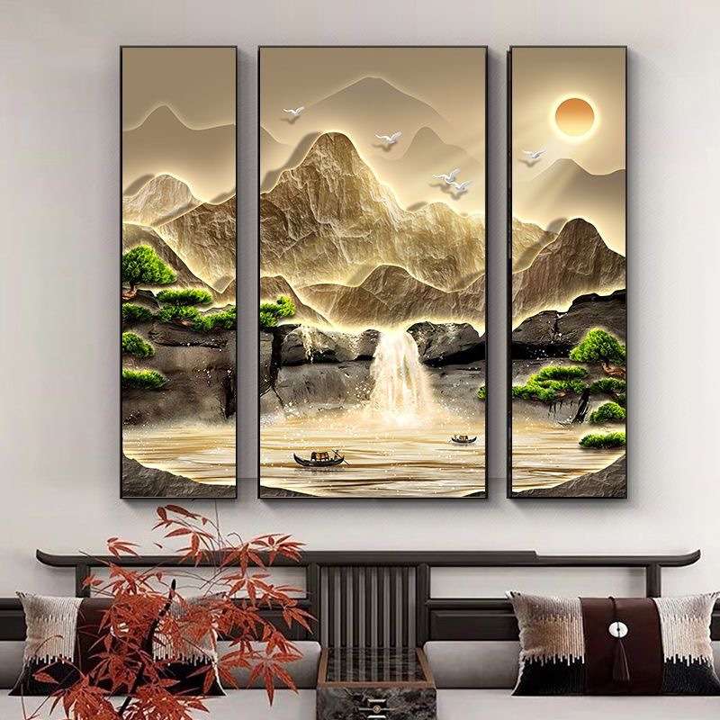 中堂画客厅组合三联挂画新中式农村堂屋大气山水装饰画聚宝盆壁画