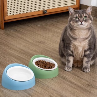 猫咪小狗狗饭碗饭盆15°斜口宠物食盆二合一陶瓷不锈钢喂水碗猫碗
