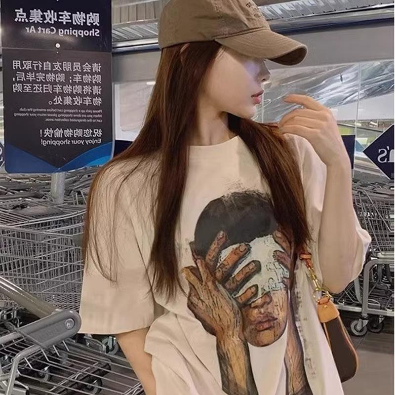 纯棉美式杏色短袖T恤女2025新款爆款夏季宽松国潮牌街头辣妹上衣