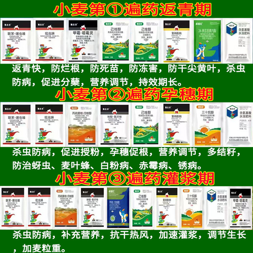小麦一喷三防专用白粉病赤霉病纹枯病蚜虫套餐杀虫杀菌营养三遍药