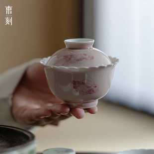 束刻苍烟红矾红牡丹兔菊口盖碗高端陶瓷泡茶碗手绘茶具家用釉下彩