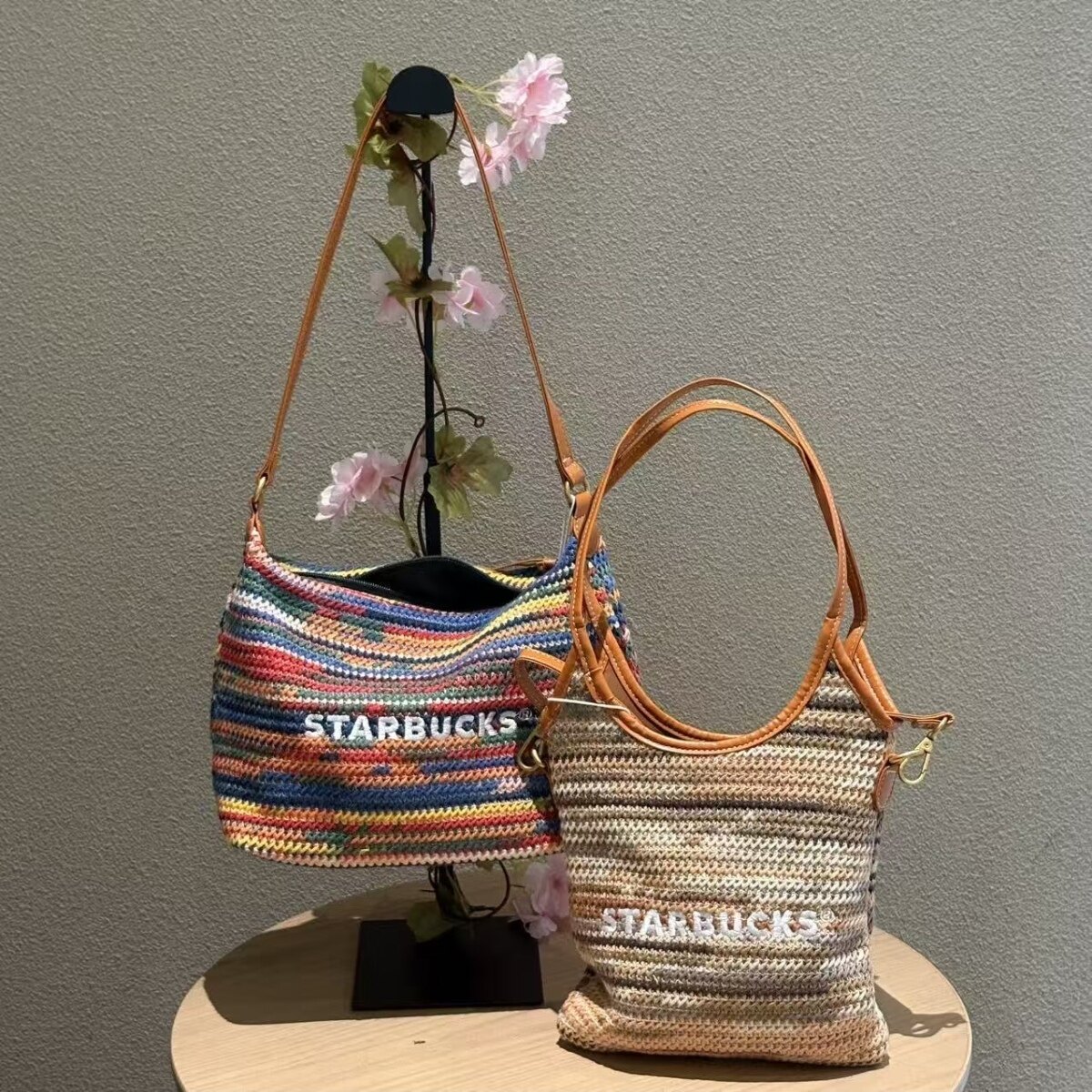 星巴克春日彩虹大地条纹手提包编织包斜挎包单肩包周边会员星礼包